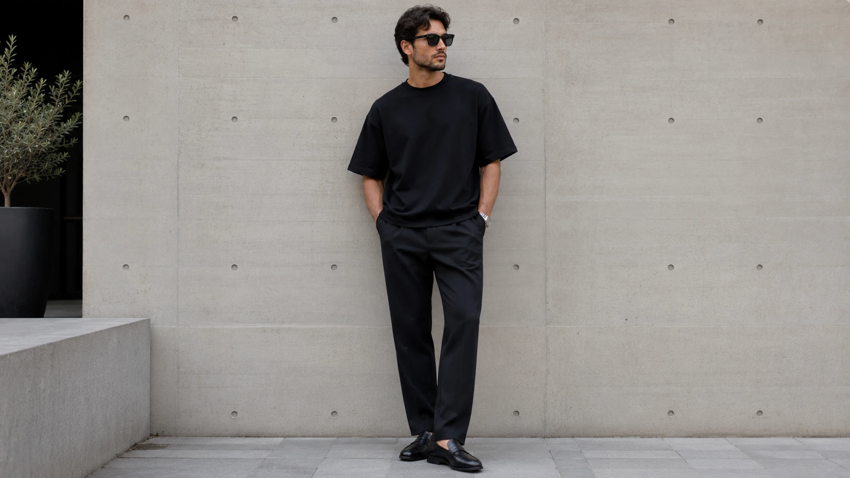 Black Oversized Tee + Straight-Leg Trousers + Loafers