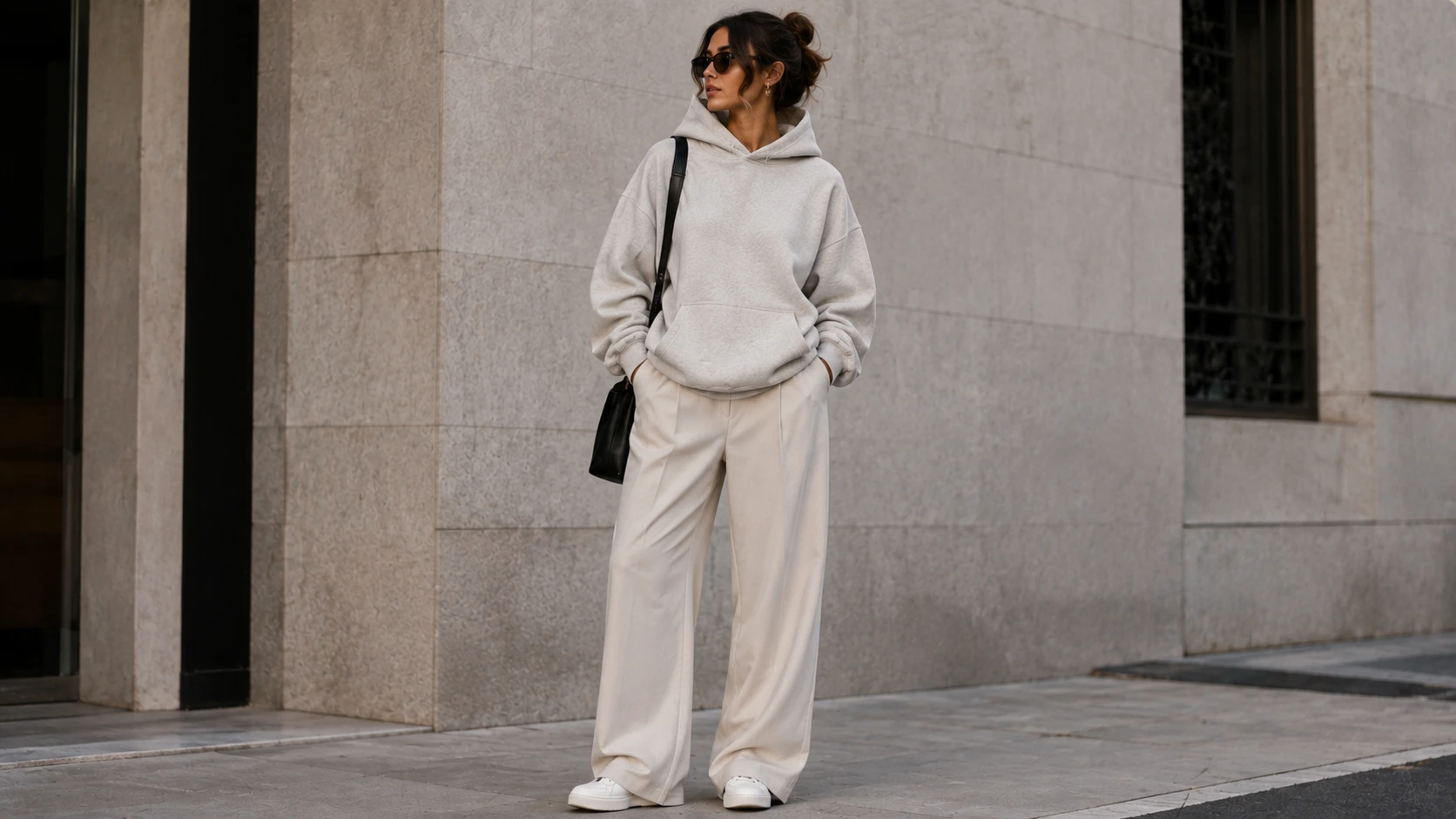 Oversized Hoodie + Tailored Trousers or Wide-Leg Pants