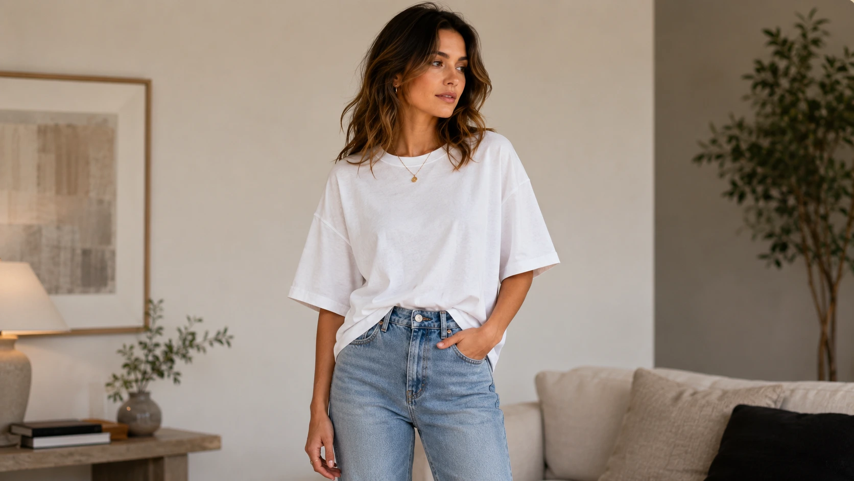 Oversized Tee + High-Waisted Jeans (French Tuck)
