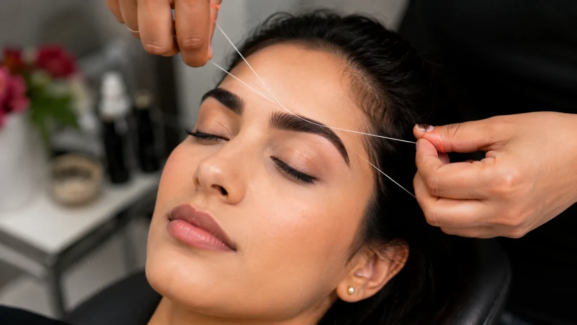 Eyebrow threading in a beauty salon
