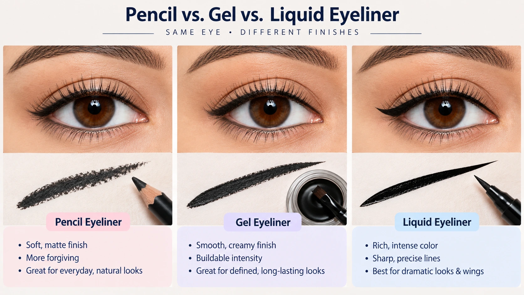 Visual comparison of pencil, gel, and liquid eyeliner line finishes