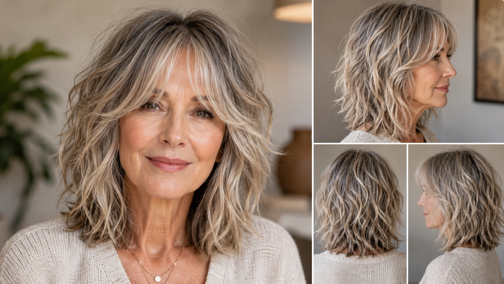 Modern shag haircut with curtain bangs, easy style for fine thinning hair
