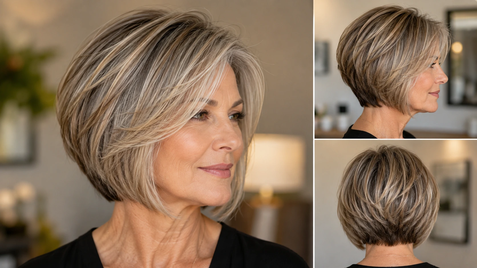 Short stacked layered bob adding volume to fine hair for women in their 60s