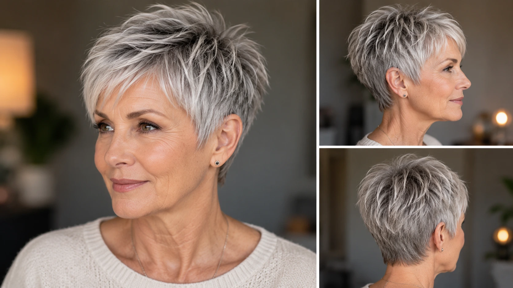Textured pixie cut for fine hair, low-maintenance style for women over 60