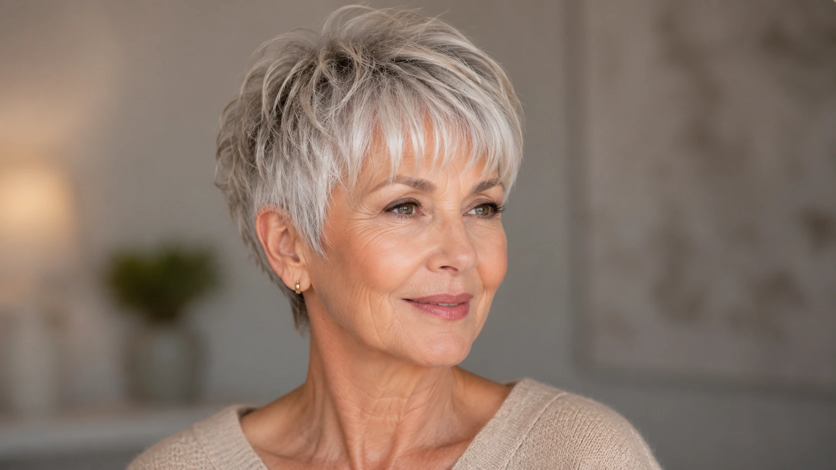 Wispy wash-and-wear crop with soft fringe for fine hair over 60