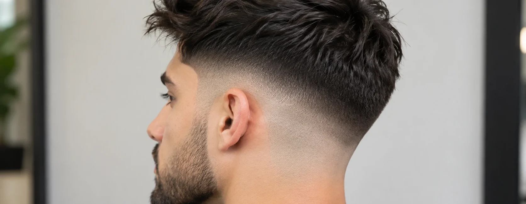 Close-up of a men's mid skin fade haircut blending into a textured top, showing a clean gradual fade transition