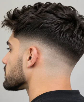 Close-up of a men's mid skin fade haircut blending into a textured top, showing a clean gradual fade transition