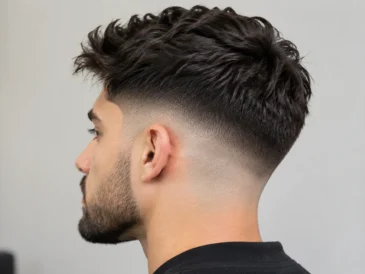 Close-up of a men's mid skin fade haircut blending into a textured top, showing a clean gradual fade transition